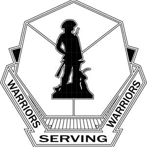 May include: A black and white emblem with a soldier silhouette holding a rifle, standing on a base with a dog. The words "WARRIORS" and "SERVING" are displayed in a geometric design.