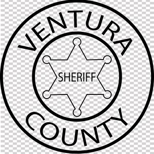 Puede incluir: Diseño de insignia del Sheriff del condado de Ventura en blanco y negro. El emblema circular presenta las palabras "Ventura County" en el borde exterior y una estrella de seis puntas con la palabra "Sheriff" en el centro.