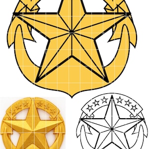 Könnte beinhalten: Ein goldfarbenes Emblem mit einem zentralen Stern, einem Banner mit kleineren Sternen und Ankerformen. Der Text "RASTER TO VECTOR" steht darunter. Das Bild zeigt ein 3D-Rendering und eine Strichzeichnung des Emblems.