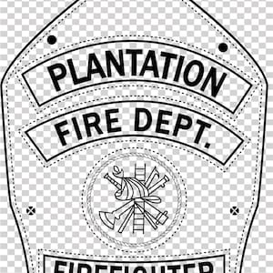 以下が含まれることがあります： 「PLANTATION FIRE DEPT.」と「FIREFIGHTER」の文字が入った、白黒の消防ヘルメットシールド。シールドには、交差した斧、はしご、その他の消防用具が描かれた円形のエンブレムが付いています。