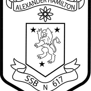 May include: Black and white crest design with the words "ALEXANDER HAMILTON" in a banner at the top. The crest features a lion, stars, and the letters "SSB N 617".