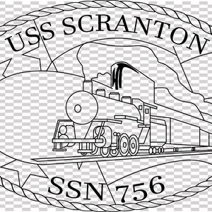 Puede incluir: Un emblema ovalado con el texto "USS SCRANTON" y "SSN 756". El diseño presenta un tren, montañas y estrellas, todo delineado en negro. El borde es un diseño de cuerda.