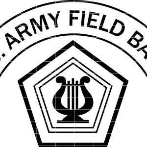 May include: Black and white graphic of the U.S. Army Field Band logo. The design features a pentagon shape with a lyre in the center, and the words "U.S. ARMY FIELD BAND" in a curved banner above.