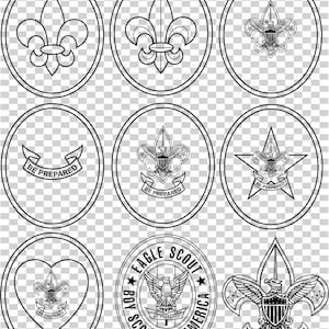 May include: Nine black and white Boy Scouts of America emblems are displayed. The designs feature fleur-de-lis, an eagle, and the phrases "Be Prepared" and "Eagle Scout". The emblems are presented on a transparent background.