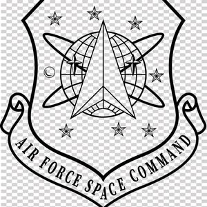 May include: Black and white Air Force Space Command emblem. The emblem features a shield shape with a central design of a stylized arrow pointing upwards, a globe, stars, and the text "AIR FORCE SPACE COMMAND".
