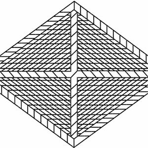 Puede incluir: Un diseño geométrico en forma de diamante compuesto por líneas negras. Las líneas crean un patrón similar a una cuadrícula dentro del diamante, con una estructura central en forma de cruz. El efecto general es un diseño estructurado y simétrico.