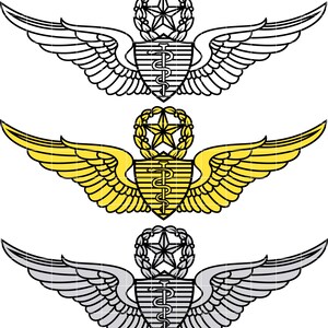 May include: Three medical insignia designs. The top one is black and white, the middle one is gold and yellow, and the bottom one is silver and black. Each features wings, a star, and a medical symbol.