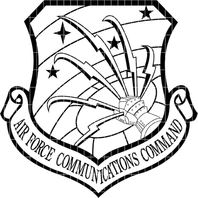 The image is a black and white graphic featuring a shield-shaped emblem with a lightning bolt and stars, along with the text "AIR FORCE COMMUNICATIONS COMMAND".