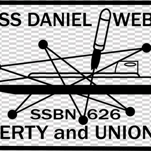 Könnte beinhalten: Schwarz-weiße Grafik des U-Boots USS Daniel Webster. Das Bild enthält den Text "USS DANIEL WEBSTER", "SSBN 626" und "LIBERTY and UNION". Eine Rakete ist über dem U-Boot dargestellt.