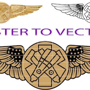 May include: Image featuring three variations of a winged emblem, with a central circular design. The top left emblem is gold, the top right is black and white, and the bottom emblem is gold with black accents. The text "RASTER TO VECTOR" is displayed in purple.
