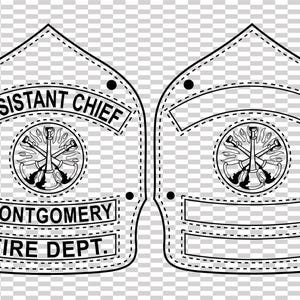 May include: Black and white fire department shoulder patch with the text "ASSISTANT CHIEF", "MONTGOMERY", and "FIRE DEPT.". The patch features a circular emblem with crossed axes and a fire hose. The design is outlined with a dotted stitch.