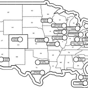 May include: A black and white map of the United States, outlining each state with dotted lines. Various Major League Baseball stadiums are labeled with their names in white boxes, including Oracle Park, Dodger Stadium, and Yankee Stadium.