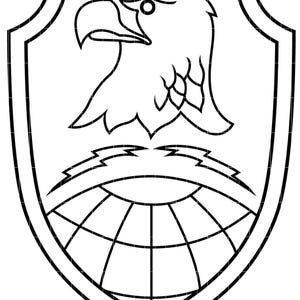 May include: A black and white emblem featuring an eagle's head above a globe design. The eagle is in profile, with a detailed beak and eye. The globe is sectioned with lines, and the emblem is shield-shaped.