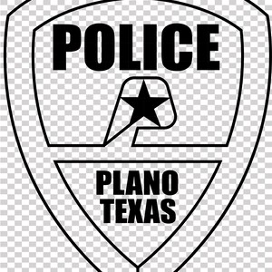 May include: Black and white police badge with the word "POLICE" at the top. Below is a star inside a stylized shape, and at the bottom, the words "PLANO TEXAS" are displayed. The badge has a shield shape with a transparent background.