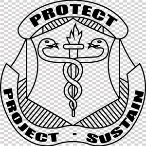 May include: Black and white emblem with the words "PROTECT", "PROJECT", and "SUSTAIN". The emblem features a staff with two snakes and a flame at the top. The design is enclosed in a shield shape.