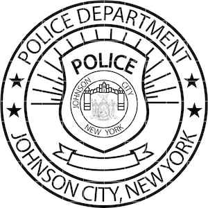 May include: Black and white Police Department seal for Johnson City, New York. The seal features a central shield with the word "POLICE" and an image of a building. The seal is surrounded by text and stars.
