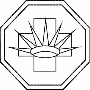 May include: A black and white geometric design featuring a cross shape with a stylized sunburst in the center, all enclosed within an octagonal border. The design is clean and symmetrical.
