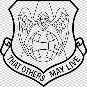 May include: Black and white emblem featuring an angel with outstretched wings holding a globe. The emblem is shield-shaped with a banner below that reads "THAT OTHERS MAY LIVE".
