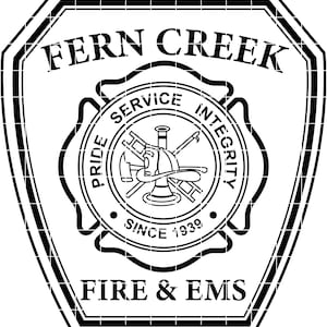 May include: A black and white Fern Creek Fire & EMS emblem. The emblem features the text "Fern Creek" at the top, and "Fire & EMS" at the bottom. A circular design in the center reads "Service Integrity Pride" and "Since 1939".