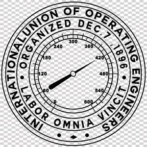 May include: A black and white circular emblem with the text "INTERNATIONAL UNION OF OPERATING ENGINEERS" and "LABOR OMNIA VINCIT". The emblem features a gauge with a needle pointing to the left.