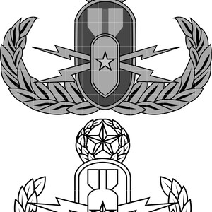 Op de afbeelding: Twee militaire insignes ontwerpen. Het bovenste ontwerp is in grijstinten en toont een schild met een ster, bliksemschichten en een met een ster bekroonde krans. Het onderste ontwerp is een lijntekening van dezelfde insigne.