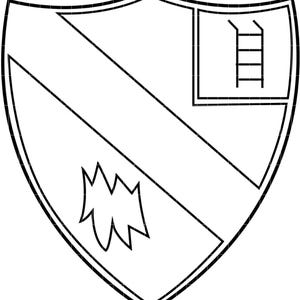 Pode incluir: Um desenho de escudo a preto e branco com uma faixa diagonal, uma escada num quadrado e uma chama estilizada. O escudo tem uma borda dupla e uma base pontiaguda.
