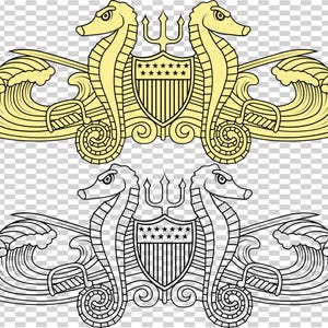 Puede incluir: Dos emblemas idénticos, uno dorado y otro en blanco y negro, con caballitos de mar, un tridente y un escudo con estrellas y rayas. El diseño incluye olas estilizadas y una espada.