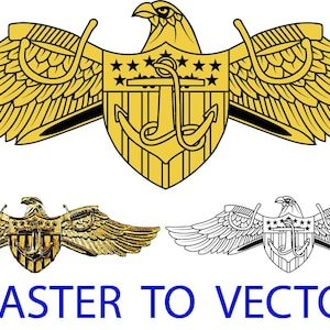 May include: A gold-colored eagle emblem with outstretched wings, an anchor, and stars. Below are two smaller versions of the emblem, one in gold and one in black and white. The text "RASTER TO VECTOR" is written in blue.