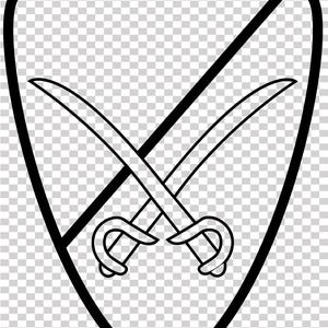 Puede incluir: Emblema en forma de escudo en blanco y negro con un borde grueso. Dos sables cruzados están centrados dentro del escudo. Una línea negra diagonal divide el escudo de arriba a la izquierda a abajo a la derecha.