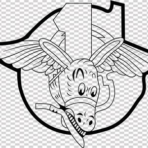 May include: A black and white cartoon image of a winged donkey, a number one, and a shield-shaped border. The donkey is smiling and wearing a harness. The wings are spread, and the design is outlined in black, suitable for a badge or emblem.