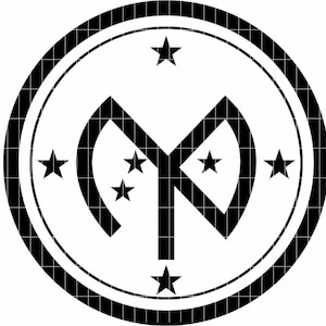 May include: A black and white circular emblem featuring a stylized letter "M" and a "K" shape, surrounded by a ring and six stars. The design is simple and graphic.