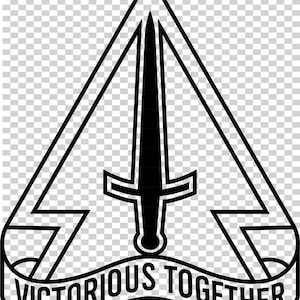 May include: Black and white emblem featuring a sword within a triangle, with lightning bolts on either side. The words "VICTORIOUS TOGETHER" are displayed on a banner below the triangle.