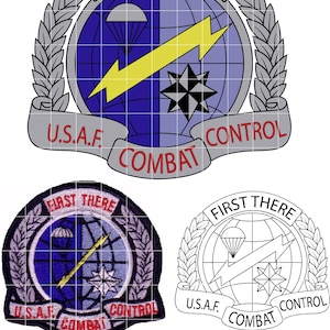 May include: Image of a military emblem with the text "FIRST THERE" at the top, "U.S.A.F. COMBAT CONTROL" at the bottom. The emblem features a globe, parachute, lightning bolt, and star design. Below are two additional versions of the emblem and the text "RASTER TO VECTOR".