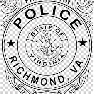 May include: Black and white police badge design featuring an eagle at the top, the word "PATROLMAN", and "POLICE". The badge includes the words "RICHMOND, VA" and the Virginia state seal.