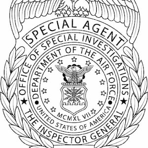 May include: Black and white illustration of a Special Agent badge. The badge features an eagle at the top, the text "SPECIAL AGENT" and "OFFICE OF SPECIAL INVESTIGATIONS" in a circular design, and "THE INSPECTOR GENERAL" at the bottom.