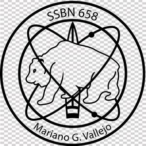 May include: Black and white circular emblem featuring a bear, atomic orbits, and a dagger. The text "SSBN 658" is at the top, and "Mariano G. Vallejo" is at the bottom, all in a bold, sans-serif font.