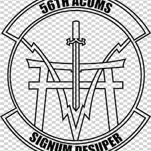 May include: Black and white emblem with the text "56TH ACOM" at the top and "SIGNUM DESUPER" at the bottom. The emblem features a sword, lightning bolts, and stylized shapes within a circular border.