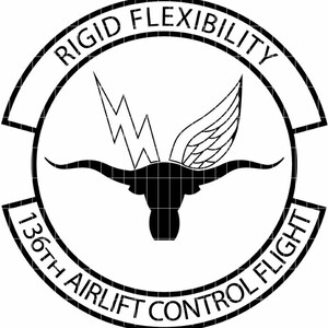 May include: Black and white emblem featuring a longhorn silhouette with a wing and lightning bolt. The text "RIGID FLEXIBILITY" arches across the top, and "136TH AIRLIFT CONTROL FLIGHT" curves along the bottom.