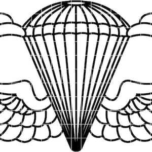 Op de afbeelding: Zwart-wit illustratie van een parachute met vleugels. De parachute wordt afgebeeld met een reeks verticale lijnen en een afgeronde bovenkant. De vleugels zijn gestileerd met gelaagde, gebogen lijnen, waardoor een symmetrisch ontwerp ontstaat.