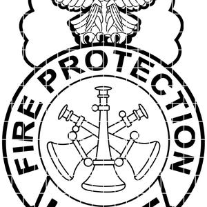 Könnte beinhalten: Schwarz-weiße Grafik eines Brandschutzemblems. Das Emblem zeigt einen stilisierten Adler über einem kreisförmigen Design mit den Worten "FIRE PROTECTION" und "USAF". Ein zentrales Hydrantendesign ist ebenfalls vorhanden.