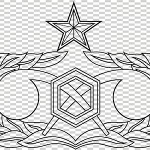 May include: Black and white line art of a military badge. The badge features a five-pointed star at the top, a central geometric shape, and a laurel wreath design. The badge is a symbol of achievement.