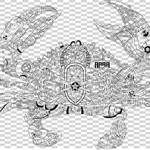 May include: Detailed black and white illustration of a crab constructed from mechanical parts. The crab's body features intricate designs, including gears, tools, and the text "EOD" and "AAAA". The claws are labeled "EXPLOSIVES".