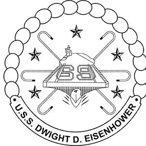May include: Black and white line art of the U.S.S. Dwight D. Eisenhower emblem. The design features a ship, stars, and the number "69". The text "U.S.S. DWIGHT D. EISENHOWER" is displayed around the emblem's perimeter.