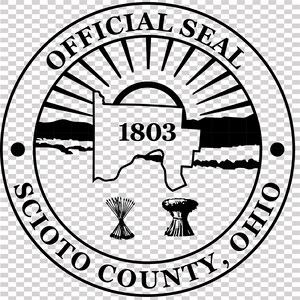 May include: Black and white official seal of Scioto County, Ohio. The seal features the text "OFFICIAL SEAL" at the top, and "SCIOTO COUNTY, OHIO" at the bottom. The center includes a map outline, the year 1803, and agricultural symbols.