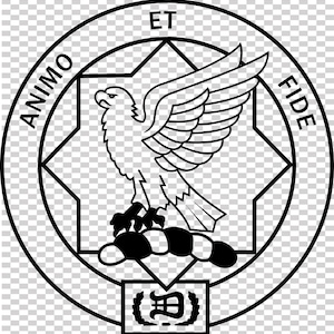 May include: A black and white emblem featuring a stylized eagle with outstretched wings, perched above a series of stylized shapes. The words "ANIMO" and "FIDE" are inscribed around the outer circle, with "ET" at the top.