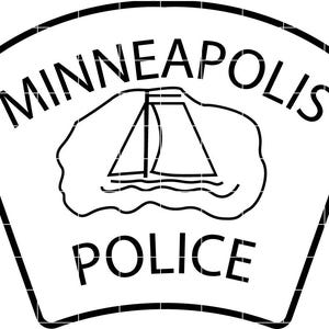 May include: Black and white Minneapolis Police badge. The badge features the city name arched at the top, with the word "POLICE" at the bottom. A sailboat is in the center of the badge, above the word "POLICE".