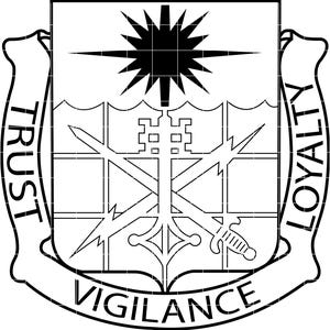 May include: A monochrome heraldic crest featuring a starburst, swords, and a castle design. The words "TRUST", "LOYALTY", and "VIGILANCE" are inscribed on banners around the crest.