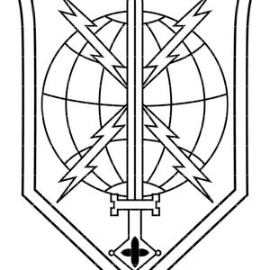 May include: Black and white emblem with a sword, lightning flashes, and a globe. The sword is central, with lightning bolts extending outwards. The globe is behind the sword and flashes. The emblem is shield-shaped.