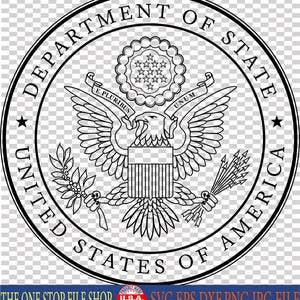 May include: Black and white circular emblem of the United States Department of State. The design features an eagle with outstretched wings, a shield, and the text "DEPARTMENT OF STATE" and "UNITED STATES OF AMERICA" around the perimeter. The text "E PLURIBUS UNUM" is also present.