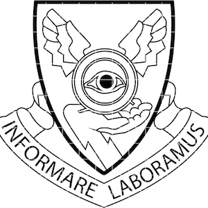 May include: A monochrome crest design with a shield shape, an eye at the centre, wings above, and a hand below. The words "INFORMARE LABORAMUS" are curved along the bottom. Ideal for logos, emblems, or graphic applications.